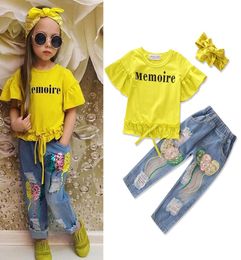 Toddler Baby Girls Tops Tshirt Lace Hole Denim shorts Headband Clothing Sets Cotton TopsJeanHeadwear Kids Clothes set Outfits 37102096