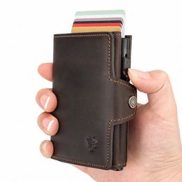 rfid Smart Pop Up Card Wallet for Men Genuine Leather Card Case for 8-10 Cards Slim Women Zip Coin Purse with Notes Compartment z8uc#