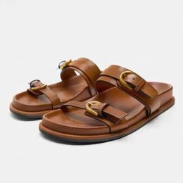 Slippers TRAF Womens Metal Buckle Flat Slippers 2024 Round Head Open Toe Outdoor Flat Shoes Brown Unique Belt Buckle Womens Sandals J240416