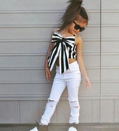 Einzelhandel, Girl Stripe Big Butterfly Tophole Jeans 3pcs Set Tracksuit mit Stirnband -Kleidungssets Mädchen Outfits Kinder DE5267067