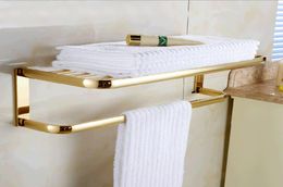 Whole And Retail Modern Square Two Layers Towel Rack Holder Shelf Solid Brass Golden Finish Clothes Shelf Hooks With Towel Bar9701461