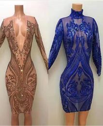 2017 Sexy Short Sheath Prom Dresses with Plunging V Neck Long Sleeves Illusion Sequined Lace Cheap Mini Bling Party Evening Gowns8842158