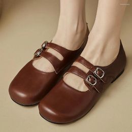 Casual Shoes Women's Genuine Leather Double Metal Buckle Mary Jane Flats Round Toe Japanese Style Ballet Leisure Soft Comfortable