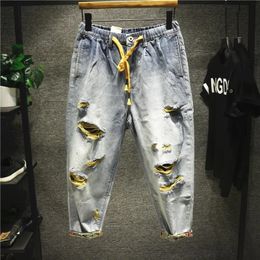 Men Broken Hole Harlan 8point Jeans Pants Loose Contrast Color Beggar Cargo Denim 240415