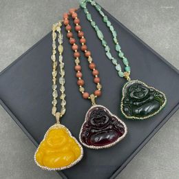 Pendant Necklaces Natural Chalcedony Laughing Buddha Necklace Original Design Personality Retro Czech Rhinestone Sweater Chain Women's