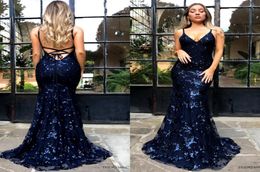 Deep V Neck Sequined Navy Blue Prom Dresses 2019 Halter Spaghetti Straps Mermaid Long Evening Gowns Backless Party Dress BA91645660375