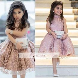 Princess Dusty Pink Cute Girls Pageant Dresses A Line Pearls Beaded Short Flower Girl Arabic Birthday Party Wear Prom Dress Rabic