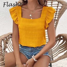 Summer Women TShirts Ruffle Design Elegant Tops Tee Solid Beach Holiday Style Casual T Shirts 240403