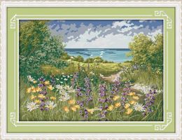 Cliffside path seaside scenery home decor painting Handmade Cross Stitch Embroidery Needlework sets counted print on canvas DMC 13723579