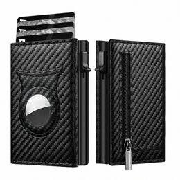 men's Carb Fibre Magnetic Card Holder PU Leather RFID Three-fold Automatic Card Holder With Zipper Coin Purse AirTag Wallet P1tK#
