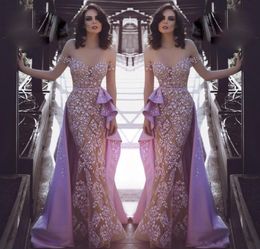 Lavender Mermaid Overskirts 2018 Prom Dresses Off Shoulder Lace Appliqued Beads Evening Gowns Saudi Celebrity Party Dress robe de 7506093