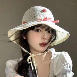 Wide Brim Hats Korean Bow Flower Breathable Straw Hat Women's Summer Large Hollow Sunshade Anti-seaside Vacation Strap Foldable Sun Cap