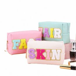 3pcs Waterproof Toiletry Bag with Patches Chenille Letter Face Hair Skin Bag PU Leather for Women for Travel Accories j73c#