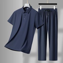 Mens Casual Suit Spring and Summer Sportswear Loose Lapel Ice Silk Breathable Dad Trendy Top Pants Twopiece Set 240412