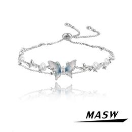 MASW Original Design Luxury Temperament Pretty Blue Butterfly Charm Bracelet For Women Girl Fashion Jewellery Spring Summer Style 240416