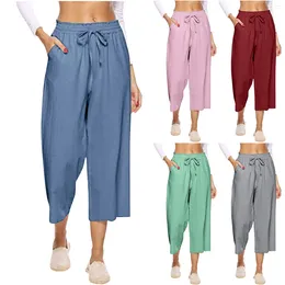 Women's Pants Summer Beach Casual Cotton Linen For Women Solid Colour Elastic Waist Wide Leg Capri Baggy Cropped Straight Trousers