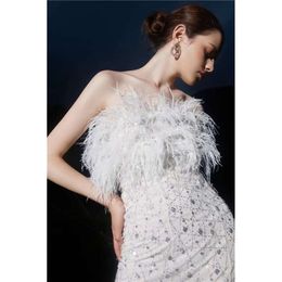 2024 Women's Clothing Feather beaded strapless dress Spring Summer New 416
