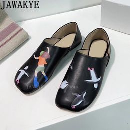 Casual Shoes Real Leather Graffiti Flat For Woman Luxury Famous Fashion Brand Nude Black Round Toe Mules
