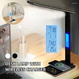 Table Lamps USB LED Desk Lamp With Wireless Charging Calendar Temperature Alarm Clock Eye Protect Study Reading Business Light