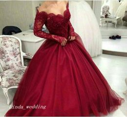 2019 Burgundy Prom Dress Arabic Wine Red Off The Shoulder Long Sleeves Tulle Special Occasion Dress Party Dress vestidos de fiesta4319088