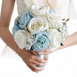 bride Bridesmaid Wedding Bouquet Blue White Roses Artificial Holding Frs Bride Mariage Bouquet Wedding Accories Favours l36E#
