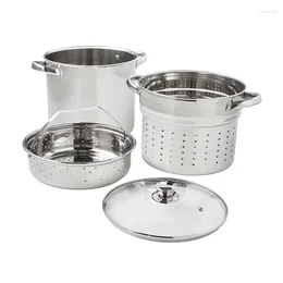 Double Boilers Stainless Steel 8-Quart Multi-Cooker With Glass Lid Pot Set W/Steamer Basket