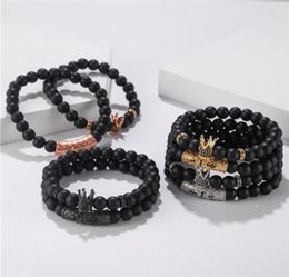 Charm Bracelets 2021 2pcsset CZ Crown Bracelet Men Braclet Kinds Black Matte Stone Bead For Mens Hand Jewelry1639819