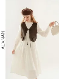 Women's Vests ALXNAN Fashion Solid Leather Cardigan Vest Spring And Autumn Lace Up Bow Loose Tank Top Casual Sleeveless Coat Female TM00507