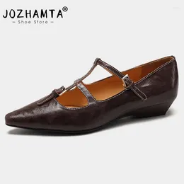 Casual Shoes JOZHAMTA Size 33-40 Women Flats Genuine Leather T-Strap Low Heels Spring 2024 Pointy Retro Office Dressy