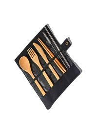 Wooden Dinnerware Set Bamboo Teaspoon Fork Soup Knife Catering Cutlery Sets with Cloth Bag Kitchen Cooking Tools Utensil KKA44451640692