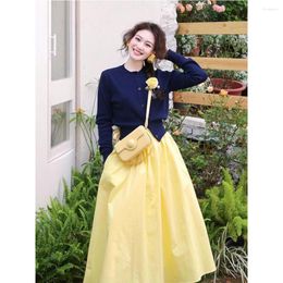 Work Dresses Women Fashion Spring Clothing Suits Embroidery Long Sleeve O-Neck Navy Blue Knitted Cardigan Coat High Waist A-Line Yellow