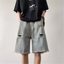2024 Summer Men Vintage Ripped Short Jeans Streetwear Hole Straight Loose Drawstring Denim Shorts Male Clothes High Street 240411