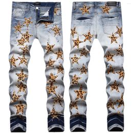 Men's Jeans Europe And The United States Embroidery Ripped Men AM Fashion Brand Star Leopard Print Stretch Slim Pants