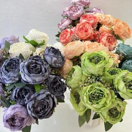 Decorative Flowers Artificial Peony Bouquet Silk Fake Wedding Bride Floral Simulation Flower Burnt Edge Powder Peonies Garden Decoration