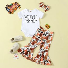 Clothing Sets Baby Girl Fall Outfits Letter Print Short Sleeve Rompers Rib Flare Pants Headband 3Pcs Halloween Clothes Set