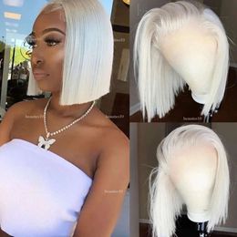 Brazilian Hair 13X4 #60 Color White/Platium Blonde Bob Front Pre Plucked Straight Synthetic Lace Frontal Wig For Women al