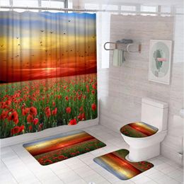 Shower Curtains Red Flower Country Sunset Scenery Curtain Set Bat Floral Field Bathroom Screen Anti-slip Rugs Bath Mat Toilet Seat Cover