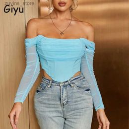 Women's Tanks Camis Giyu Sexy Club Party Blouses Women Summer Autumn Mesh Shirts Off Shoulder Backless Zipper Corset Crop Tops Blusas Femme 240129 L49