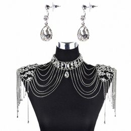 luxury Wedding Bridal Crystal Necklace Statement Tassel Shoulder Chain Layered Jewellery with Teardrop for rhineste Dangle Set p7cR#