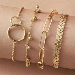 Fashion Womens Gold Pearl Fish Bone Chain Four Piece Combination Bracelet Set Geometric Multi Layer B4092