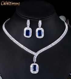 Bling Square Drop Dark Blue Cubic Zircon Necklace and Earring Party Jewelry Set for Wedding Brides T507 2107144957142