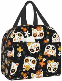 day of The Dead Cat Lunch Bags Box Insulated Freezable Cooler for Women Kids Girls Tote Bag Reusable Waterproof for School Work 17L4#