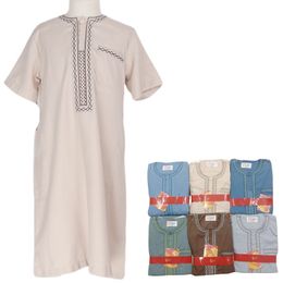 Boys' cotton linen short-sleeved casual Middle Eastern Arabian robe simple embroidered prayer clothes
