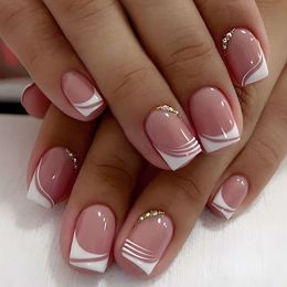 24pcs Full Cover Fake Elegant Pink Gradient Glitter French Coffin Short False Nail Press on Nails