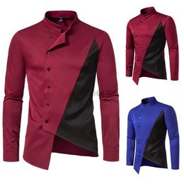 Men's Casual Shirts New Mens Irregular Color Blocking Long Sleeve Shirt Standing Collar Dress African Design Button Down 240416