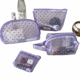 purple Transparent Mesh Cosmetic Bag Heart Wave Point Make Up Bag Simple Portable W Pouch Travel Storage Bag 18VT#