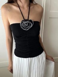 Women's Tanks 3D Flower Patchwork Halter Tube Tops Off Shoulder Backless Tank 2024 Sexy Women Ruched Black Mini Vests