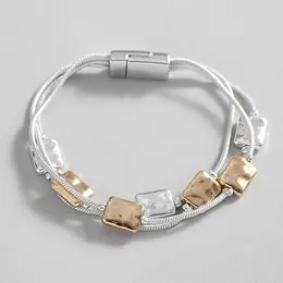 Charm Bracelets Amorcome Two Tone Geometric Square Beads Chain For Women Multilayer Silver Color Link Bangle Bracelet Jewelry