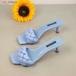 Slippers 2024 New Heel Sandals Woman Fashion Design Solid Woven Thin Heels Women Slides Shoes Puls Size Summer Pumps Ladies H240416 EG96