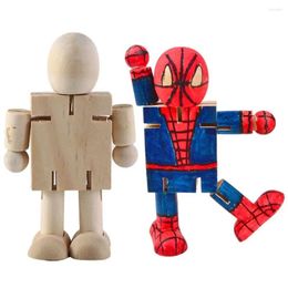 Decorative Figurines Cartoon DIY White Blank Wooden Robot Doll Graffiti Puppet Craft Toy Home Handicraft Ornaments